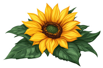Naklejka premium Detailed watercolor sunflower with green leaves isolated on transparent background. Yellow sunflower with green leaves isolated on white background.