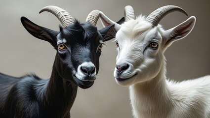 Fototapeta premium portrait of one black goat and white goat standing side by side