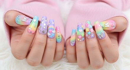 Pastel Rainbow Nails with Cute Kawaii Design | Manicured Hands Showing Creative Nail Art for Beauty Salon Marketing, Fashion Accessories, and Cosmetic Product Advertising