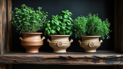 Three herb plants in pots arranged on a wooden shelf with a dark backdrop