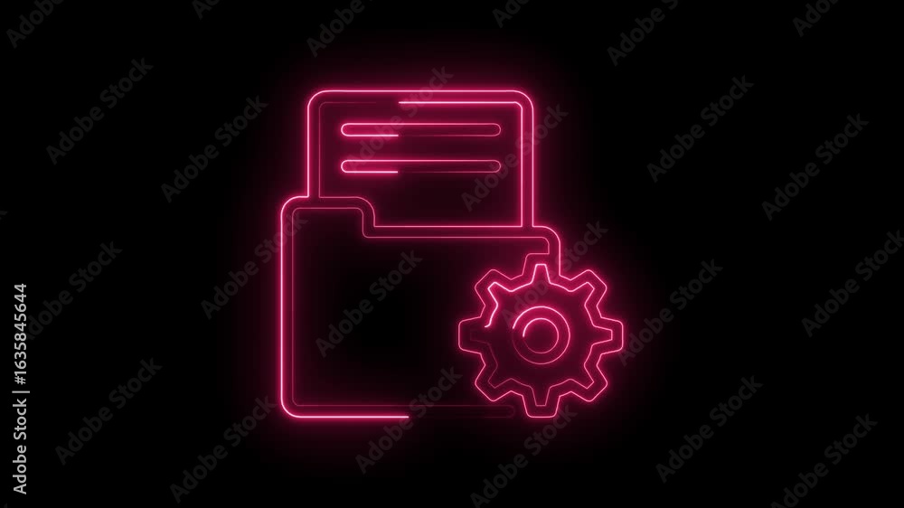 Poster glowing pink neon folder icon with gear symbol representing settings configuration data management a