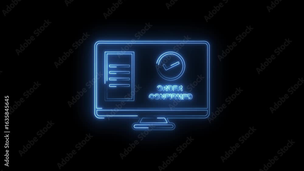 Poster glowing blue neon computer screen displaying order confirmed with checkmark and document icon on bla