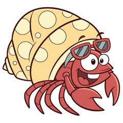 Vector art of cute cartoon hermit crab wearing sunglasses, isolated on white background