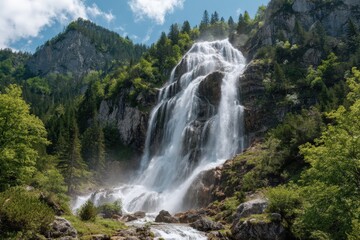 Obraz premium Majestic waterfall cascading down rocky cliffs in vibrant green landscape during sunny day