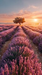 Fototapeta premium Lavender fields stretch under a golden sunset sky with a solitary tree in the distance