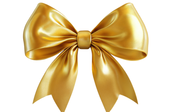 Shiny gold ribbon bow isolated on transparent background. Gold bow with a glossy finish isolated on white background, 3d rendering.