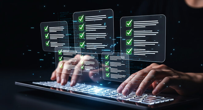 Digital checklist progress tracking with glowing interface image
