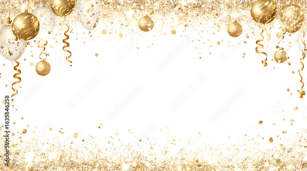 Poster clean gold new year frame with sparkles and streamers on top edge only, middle empty