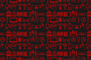 Seamless pattern of school-related icons. Set of school supply icons. Doodle school supplies icon. Back to school with school attributes icon. Education-theme icon collections.