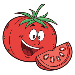 Vector art of smiling cartoon tomato with a slice, isolated on white background