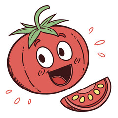 Vector art of a happy cartoon tomato character with a slice of tomato next to it, isolated on white background