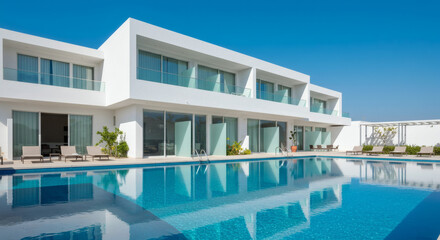 Modern white resort buildings with a large pool, reflecting the azure sky.
