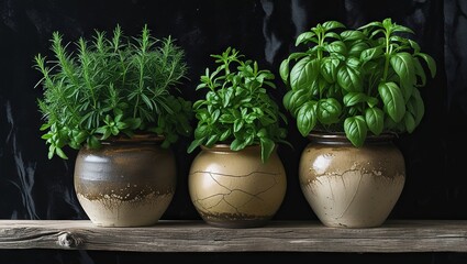 Three herb plants in pots arranged on a wooden shelf with a dark backdrop