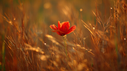 Red poppy flower glowing in a sunset-lit field, evoking a dreamy and serene mood.