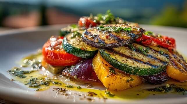 Spanish escalivada with grilled vegetables and olive oil in a summer setting