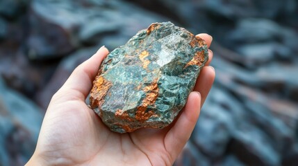 Hand holding a textured rock with copper-colored streaks