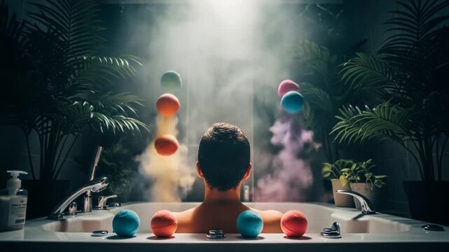 Man in bathtub juggling colorful bath bombs with smoke effects in a lush bathroom