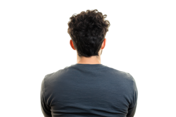 Man sitting cross legged facing away from viewer isolated on transparent background. Back of a man sitting isolated on white background.