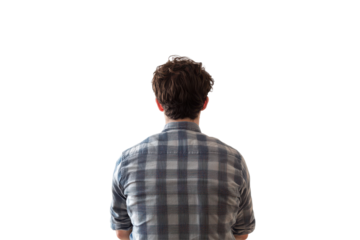 Man sitting cross legged facing away from viewer isolated on transparent background. Back of a man sitting isolated on white background.