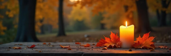 Cozy autumn evening scene with flickering candlelight illuminating a rustic wooden table, creating a warm and inviting atmosphere perfect for relaxation and contemplation , autumn, dark, evening