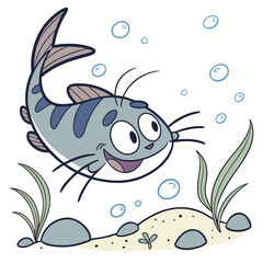 Vector art of cute cartoon catfish swimming underwater with bubbles and aquatic plants