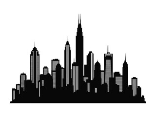 Fototapeta premium Urban Silhouette: A striking grayscale silhouette of a dynamic city skyline, filled with iconic skyscrapers, offering a minimalist yet impactful visual of urban landscape and architecture.