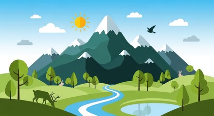 Sunlit Alpine Paradise: A Flat Vector Scene with Deer, River, and Snow-Capped Peaks