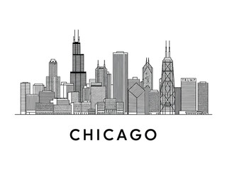 Obraz premium Chicago Skyline: A striking illustration of Chicago's iconic skyline, showcasing its towering skyscrapers and architectural diversity. This art piece captures the essence of a vibrant city.