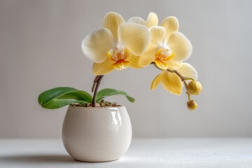 Beautiful yellow orchid blooming in a modern ceramic pot on a neutral background