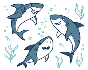 Vector art of three cute cartoon sharks swimming together with bubbles and seaweed