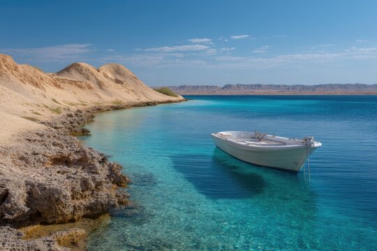 A boat floats on clear turquoise water next to a rocky beach with sand dunes under a blue sky