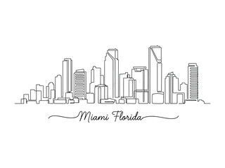 Miami Florida Skyline: A minimalist line art depiction of the Miami skyline, showcasing the iconic silhouette of the city's modern architecture, with a touch of artistic flair.