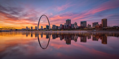 The St. Louis skyline with the iconic Gateway Arch and city buildings at sunset over the river in St. Louis, United States