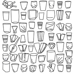 Illustration of plastic garbage, various plastic cups, transparent background
