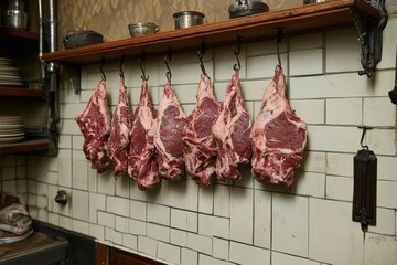 Hanging cuts of meat in butcher's kitchen showcasing traditional butchery techniques and artisanal craftsmanship, Hanging meat in butchers kitchen