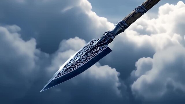 Ornate Spear Ascending Through Fluffy Clouds in a Dreamy Sky Backdrop