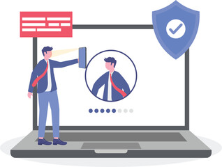 Face recognition technology concept with character. People stand near smartphone with biometric facial identification.

