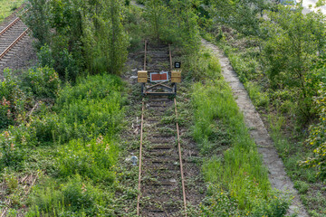 An abandoned track ends in a buffer stop, completely overgrown with wild plants. The railway...