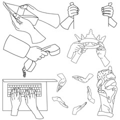 Illustration of human hands showing different gestures, cartoon style, black outline, transparent background