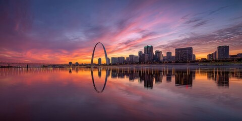The St. Louis skyline with the iconic Gateway Arch and city buildings at sunset over the river in St. Louis, United States