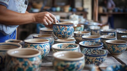 A potter's hand inspects a ceramic bowl, surrounded by similar, decorated bowls on a wooden table in a workshop