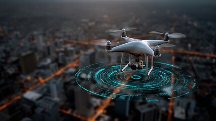 A modern drone hovers above a cityscape, showcasing advanced technology with a digital interface.