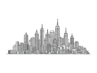 Cityscape Sketch: A monochrome illustration of a dynamic urban skyline with towering buildings, reflecting a bustling metropolis. 