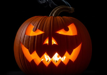 Naklejka premium Spooky smoking Jack-o'-lantern with a scary glowing face for Halloween celebration.