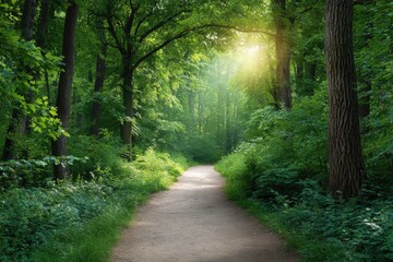 Obraz premium A forest path winds through lush greenery sunlit and dense with trees