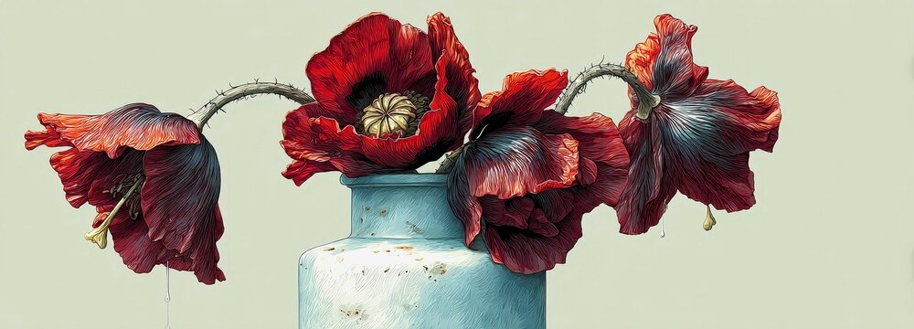 Wilted flowers in a minimalist vase highlight nature's fleeting beauty