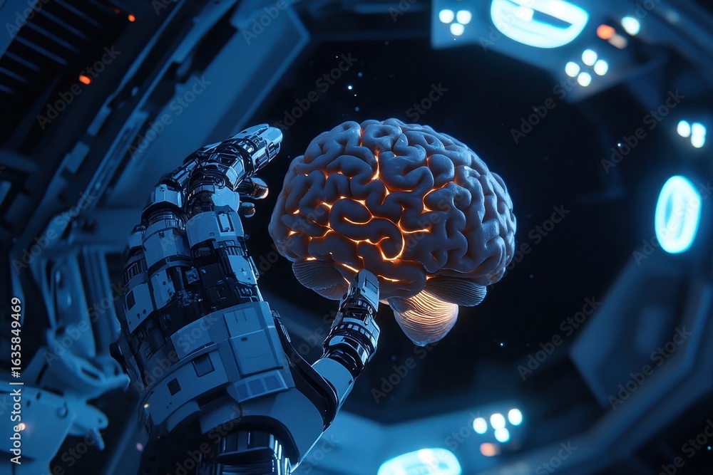 Poster robot closely examining a human brain in a futuristic setting, robot close-up, the robot examines th