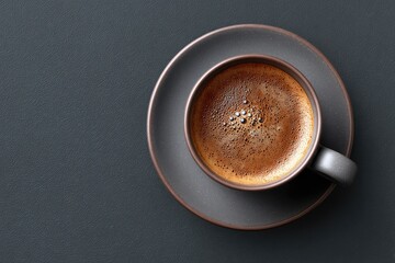 A gray cup of coffee sits on a matching saucer against a textured gray background