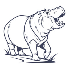 Vector art of a stylized illustration of a hippopotamus walking with its mouth open, showcasing its large size and teeth