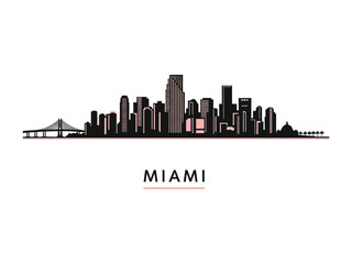 Fototapeta premium Miami City Skyline Silhouette: A sleek and stylish silhouette of the iconic Miami cityscape, a symbol of urban elegance, featuring a minimalist design with clean lines and a modern aesthetic.